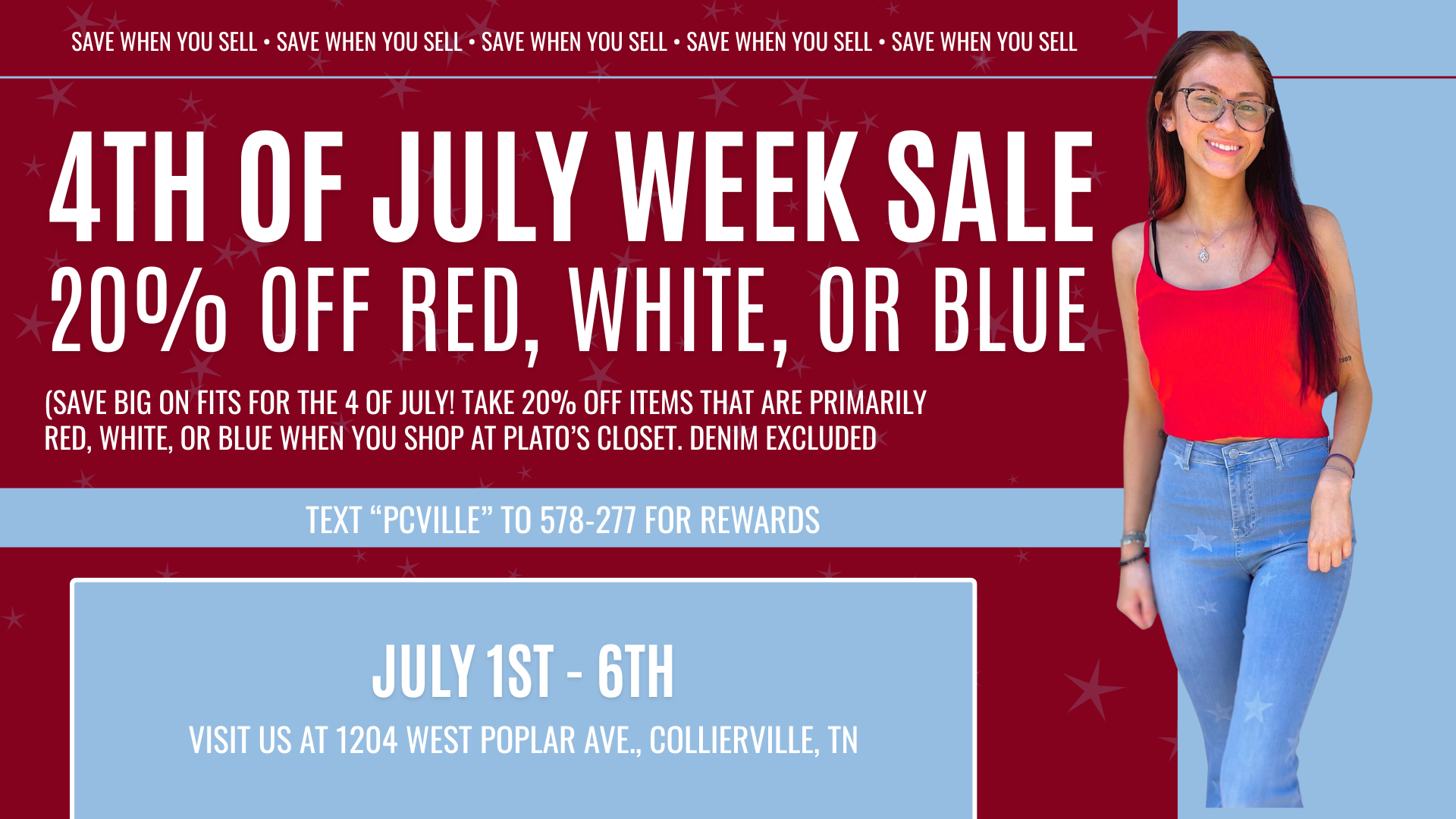 Clothing display at Plato’s Closet Collierville featuring red, white, and blue summer outfits including shorts, tanks, dresses, and sneakers, with a sale sign promoting 20% off during the 4th of July Week Sale from July 1–6.
